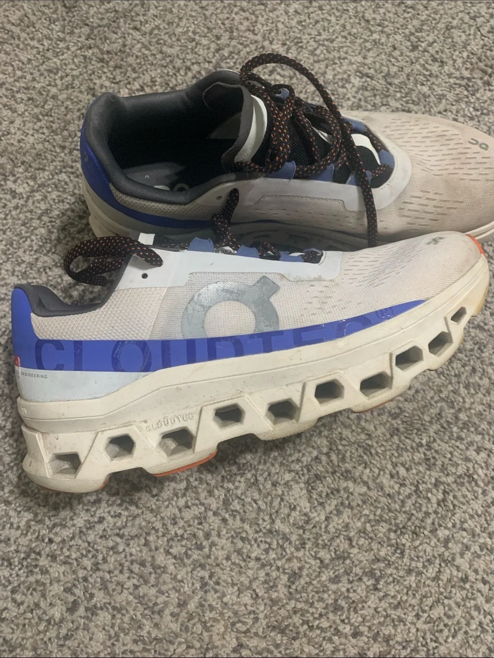 On Running Men's Cloudmonster Sneakers in White with Blue and Orange Accents